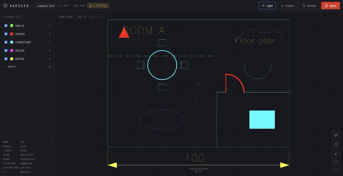 Aspicio viewing a sample DXF floor plan in dark mode, layer panel open