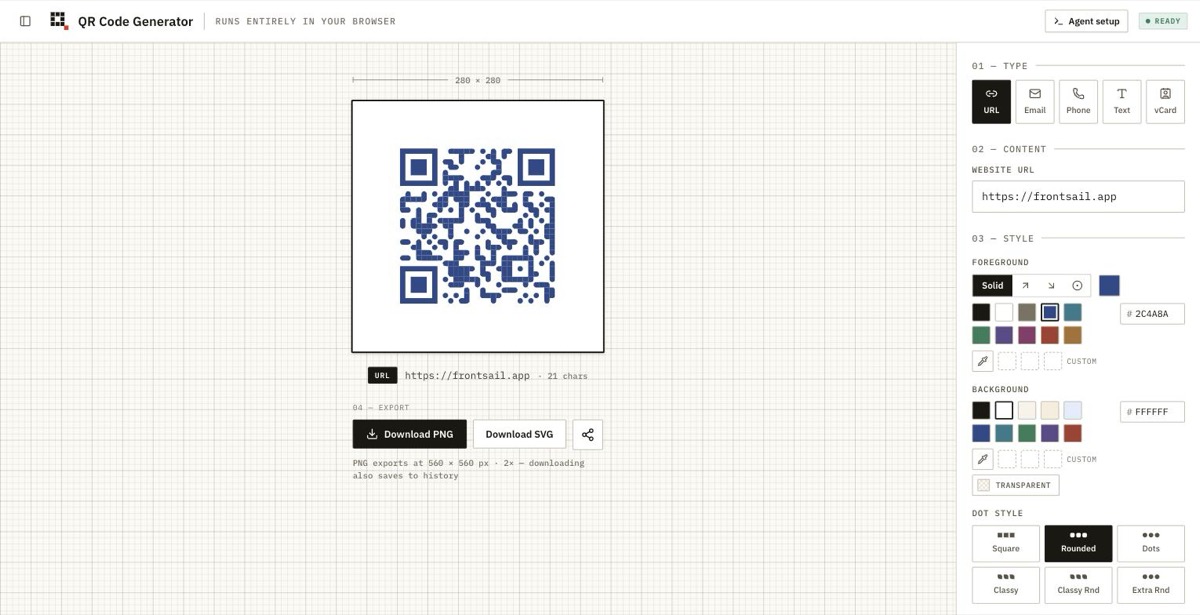 QR Code Generator with a styled navy QR code and the styling panel